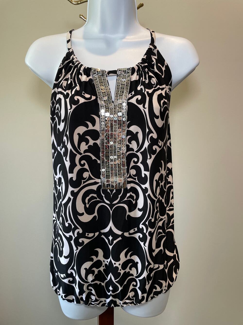 INC International Concepts Black & White Sequin Detail Top Size M